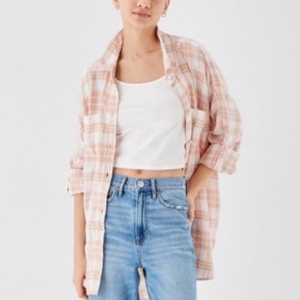 American Eagle Oversized Plaid Button Down Linen Blend Medium